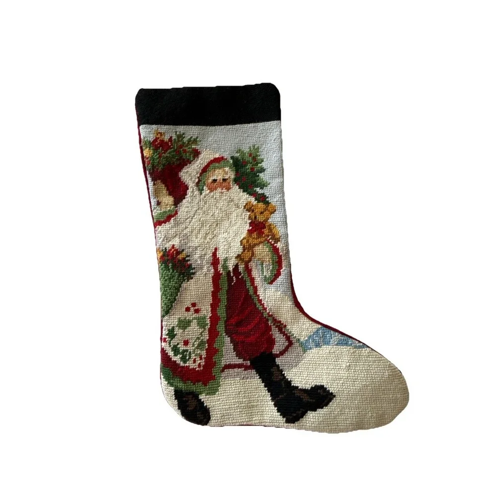 Lynn Haney Santa Teddy Bear Holly Handcrafted Needlepoint Stocking Style SK010LH